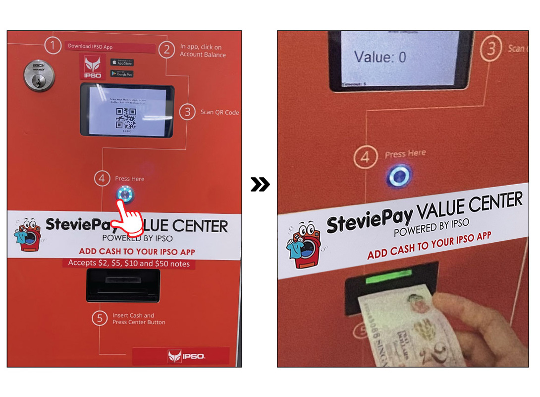 Step 6:<br>Press the center button on the machine. Insert notes as shown. Press the center button again to complete the top up.