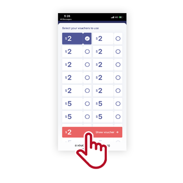 Step 1:<br>Select your CDC/ SG60 vouchers. Press “Show voucher”.